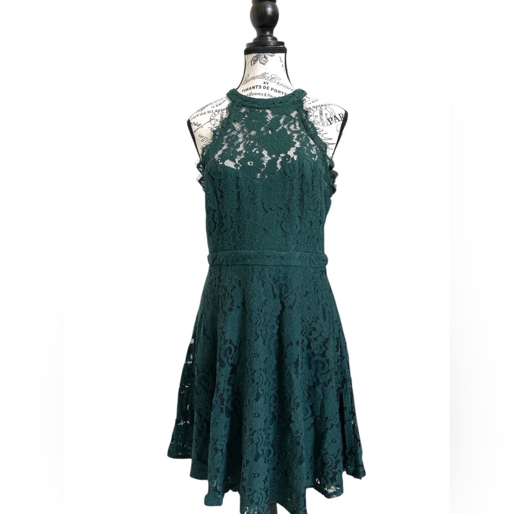 Lulus Forest Green Lace Skater Mini Dress L Fits Small Waist 28